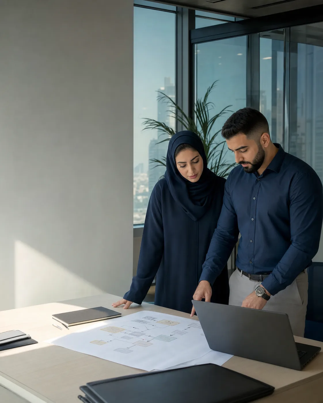 Two business professionals reviewing a workflow together in an office.